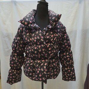 SOMETHING NAVY PUFFER JACKET BLACK FLORAL COAT CINCH WAIST SIZE XS